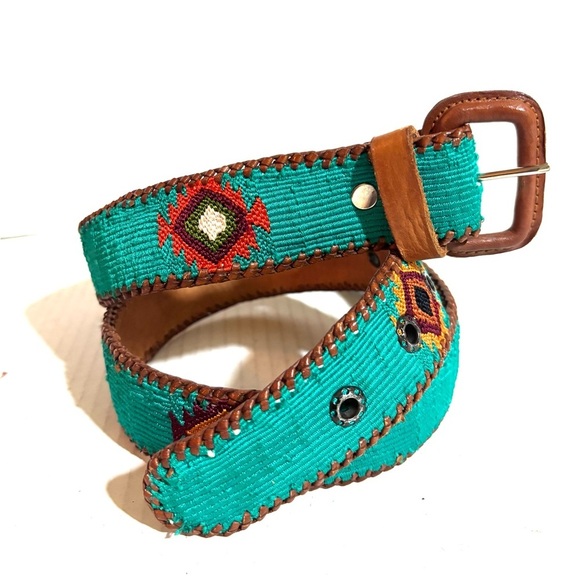 Handmade unisex Size 34 Turquoise and Brown Beaded Women\'s Belt main image 2